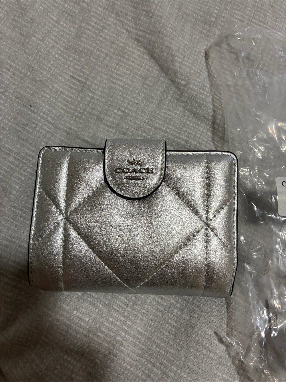 Coach Metallic Silver Quilted Snap Wallet